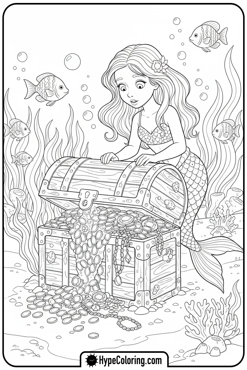 Click to download PDF mermaid-peeking-into-treasure-chest - mermaid coloring pages printable