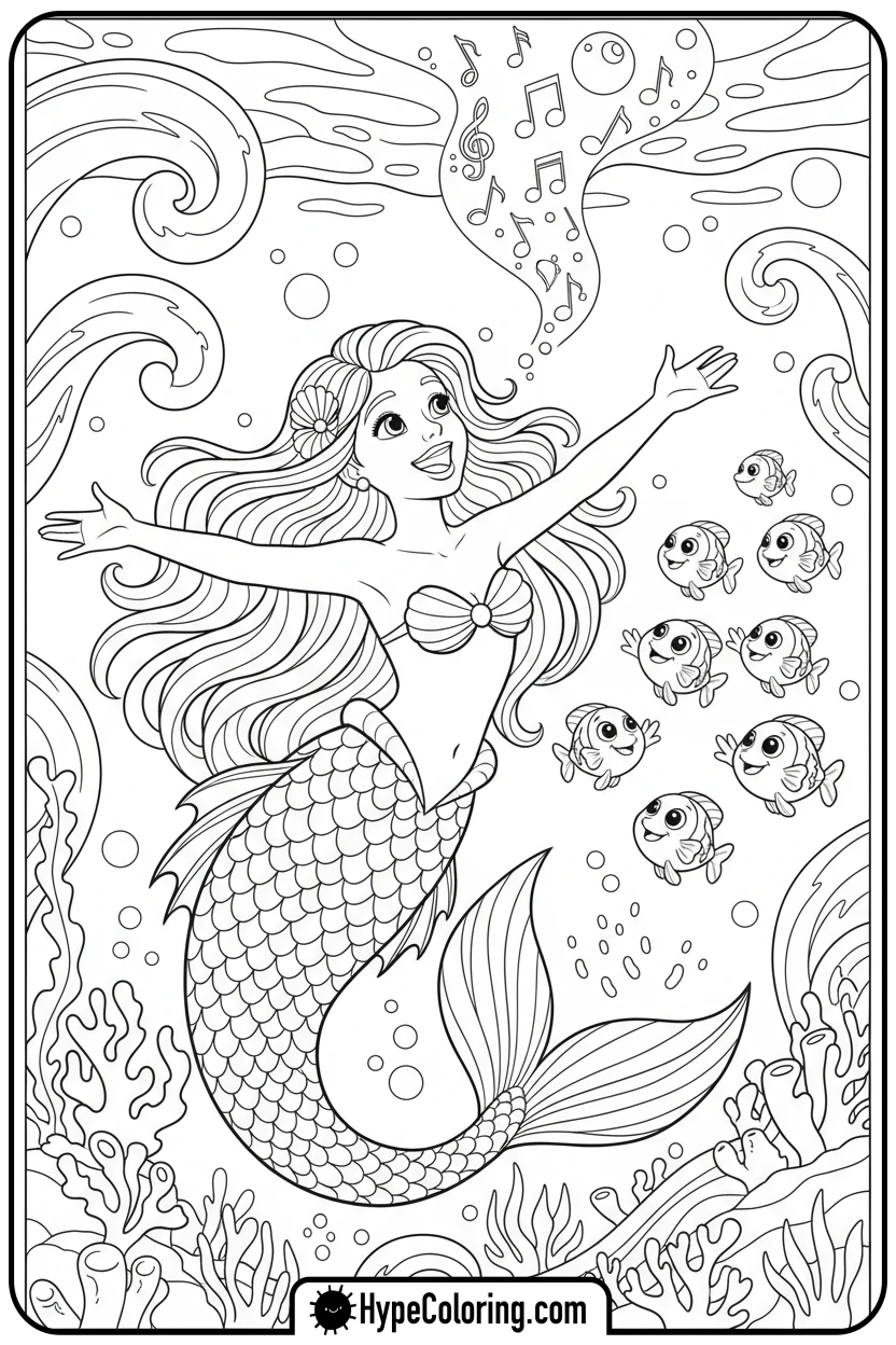 Click to download PDF mermaid-singing-with-musical-notes - mermaid coloring pages printable