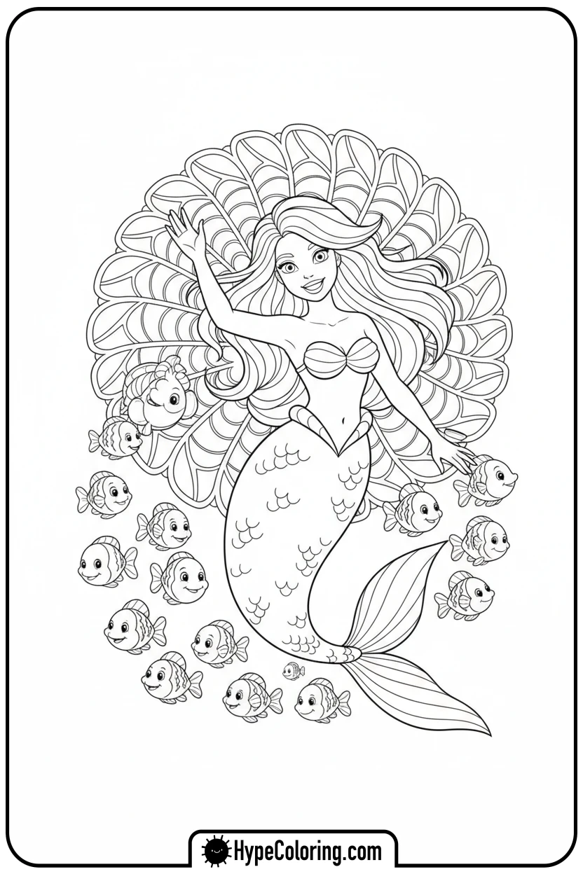 Click to download PDF mermaid-waving-to-school-of-fish - mermaid coloring pages printable