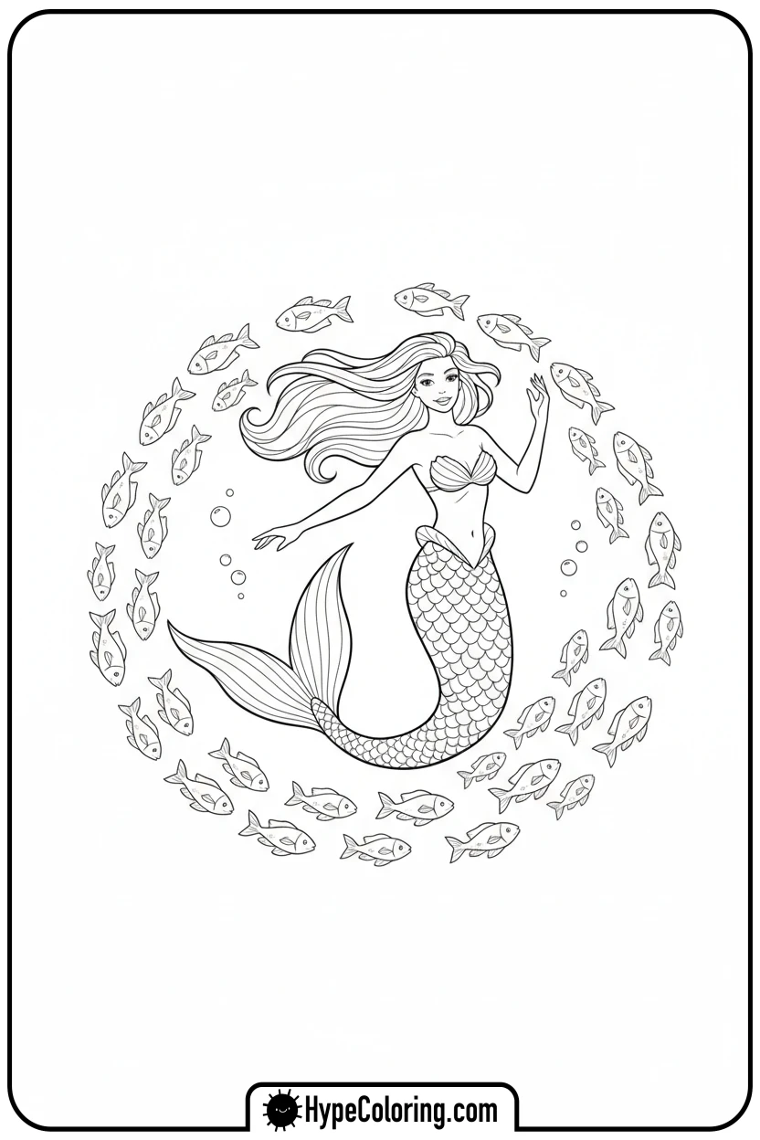 Click to download PDF mermaid-dancing-with-swirling-fish - mermaid coloring pages printable