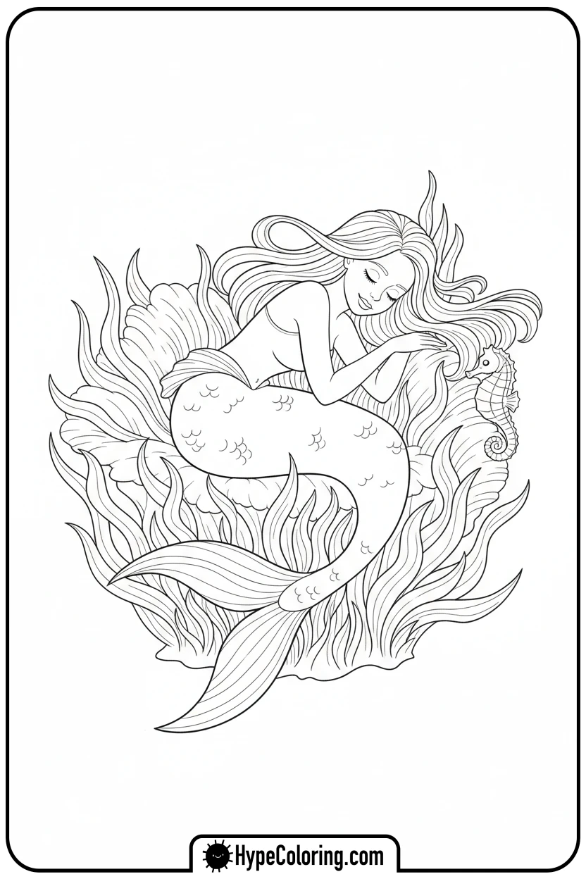 Click to download PDF mermaid-sleeping-on-seaweed-bed - mermaid coloring pages printable
