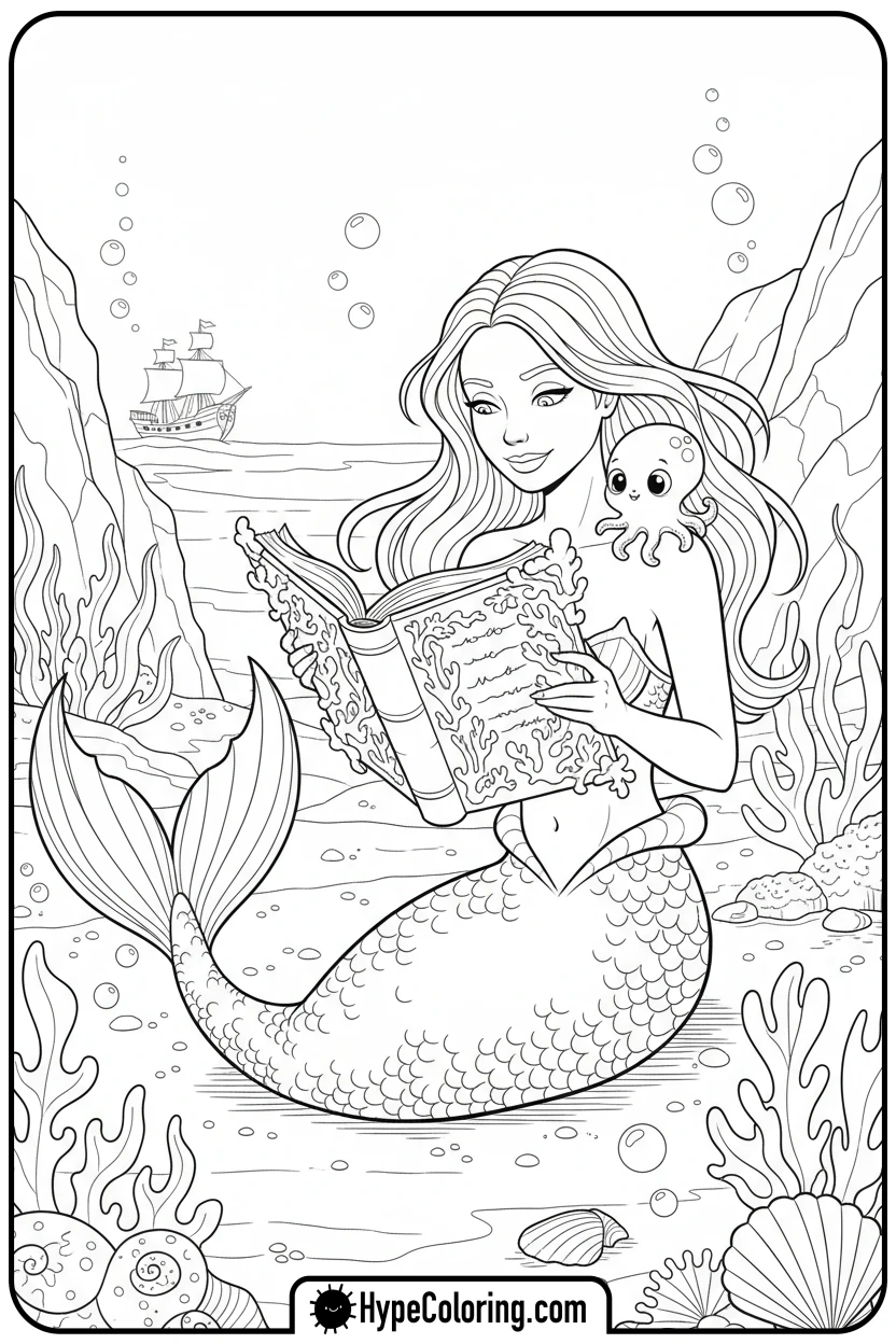 Click to download PDF mermaid-reading-a-book-to-octopus - mermaid coloring pages printable