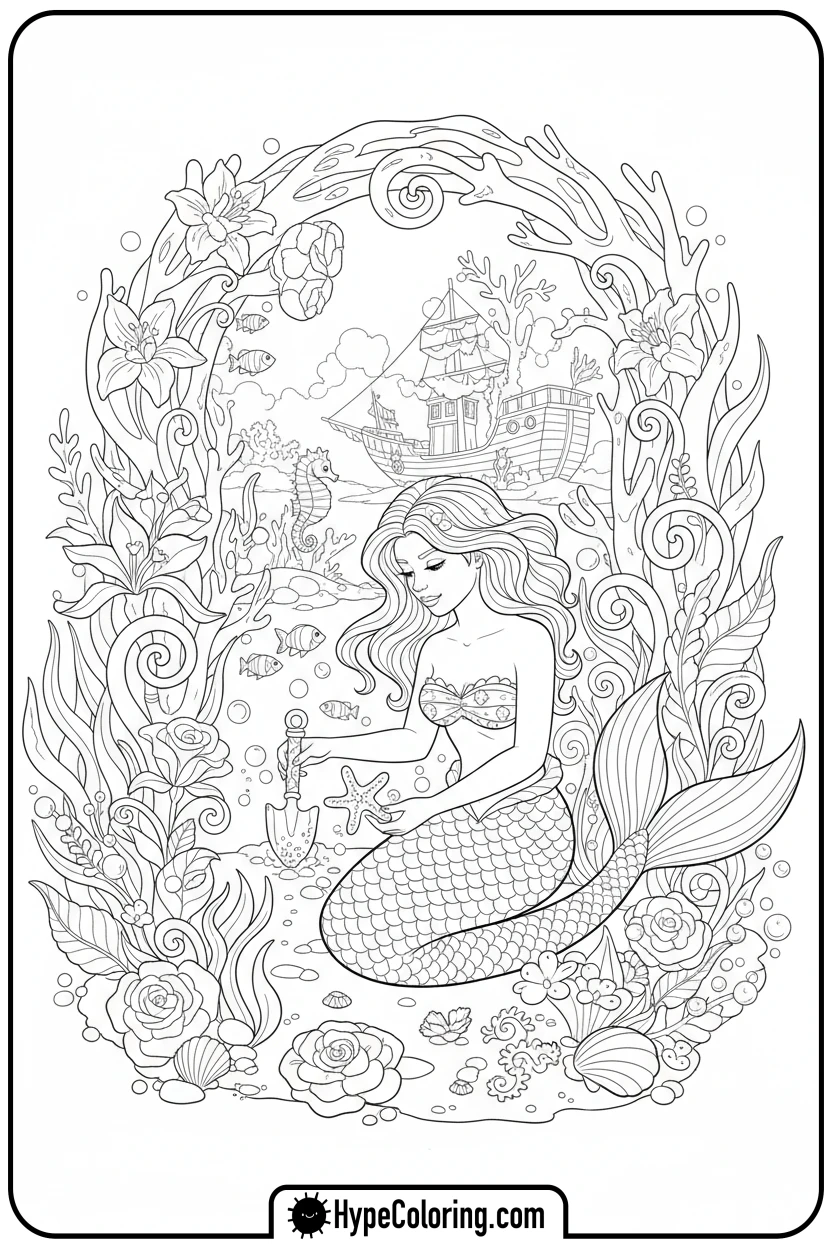 Click to download PDF mermaid-gardening-underwater - mermaid coloring pages printable