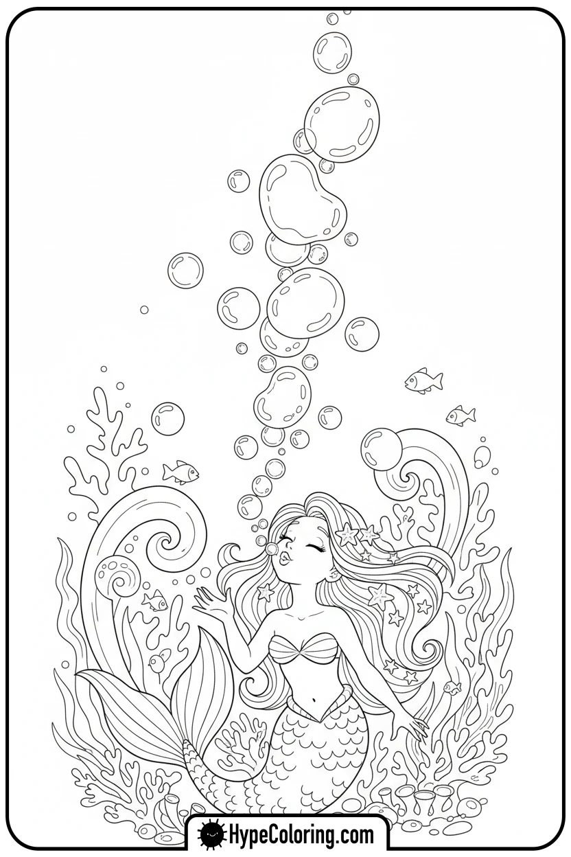 Click to download PDF mermaid-blowing-bubbles-playfully - mermaid coloring pages printable