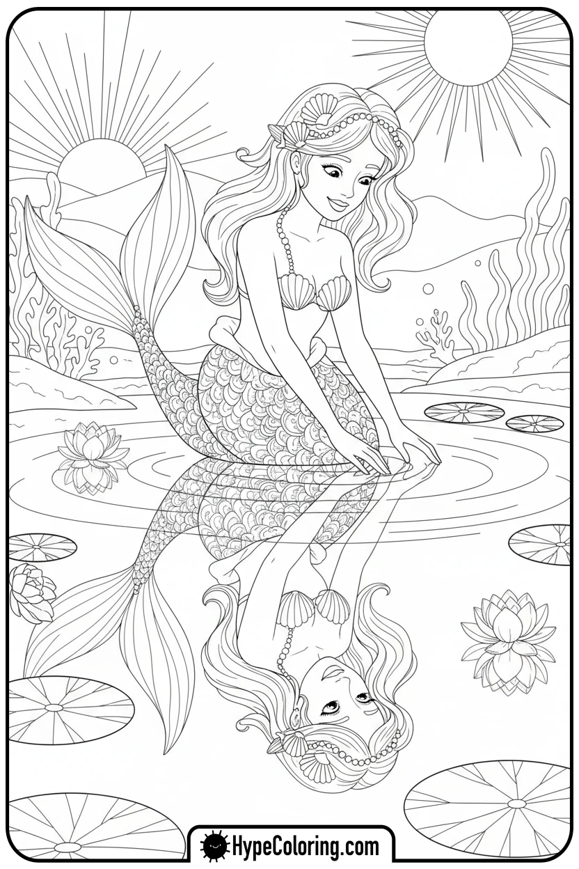 Click to download PDF mermaid-looking-at-her-reflection - mermaid coloring pages printable