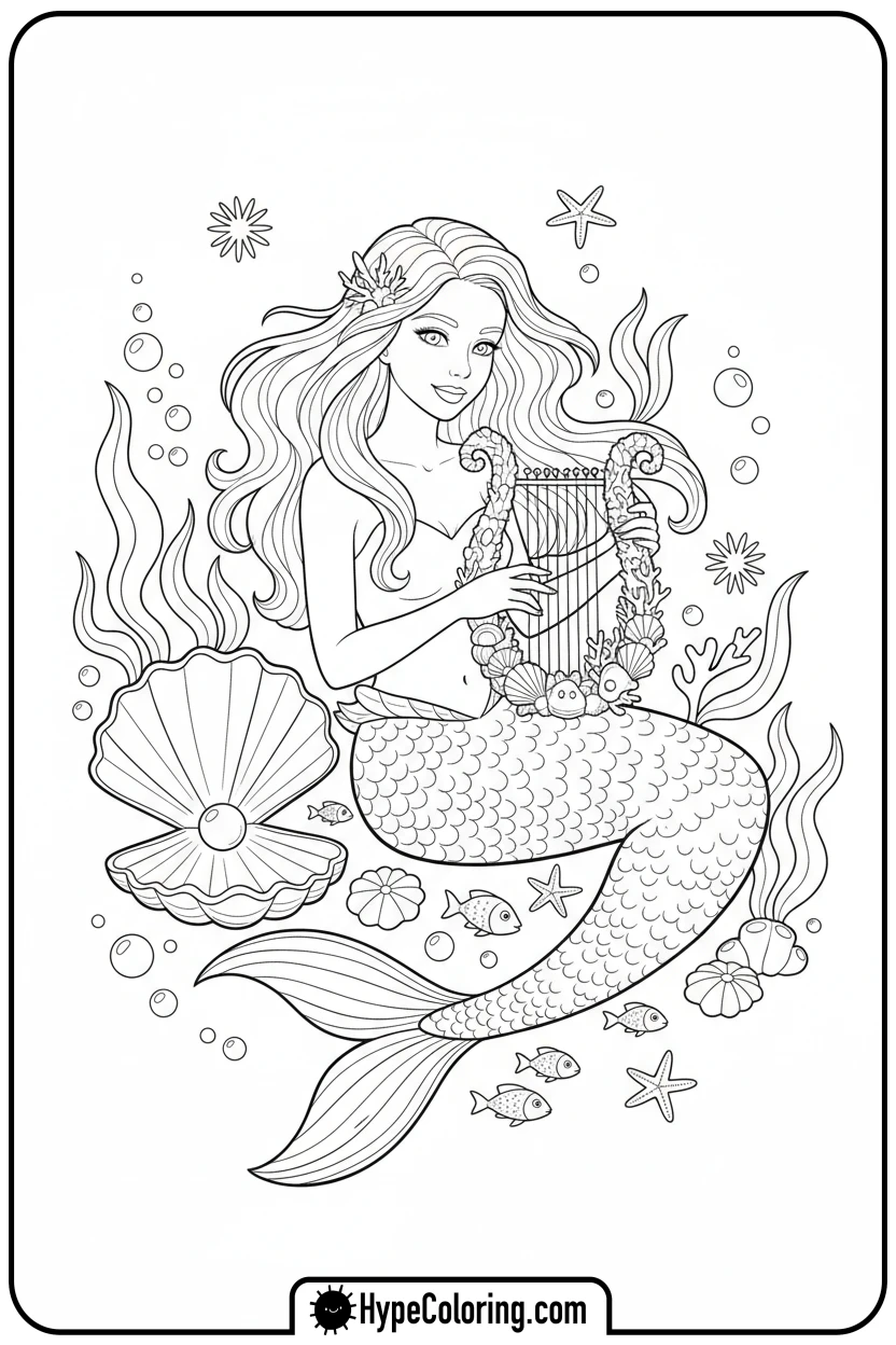 Click to download PDF mermaid-playing-a-shell-harp - mermaid coloring pages printable