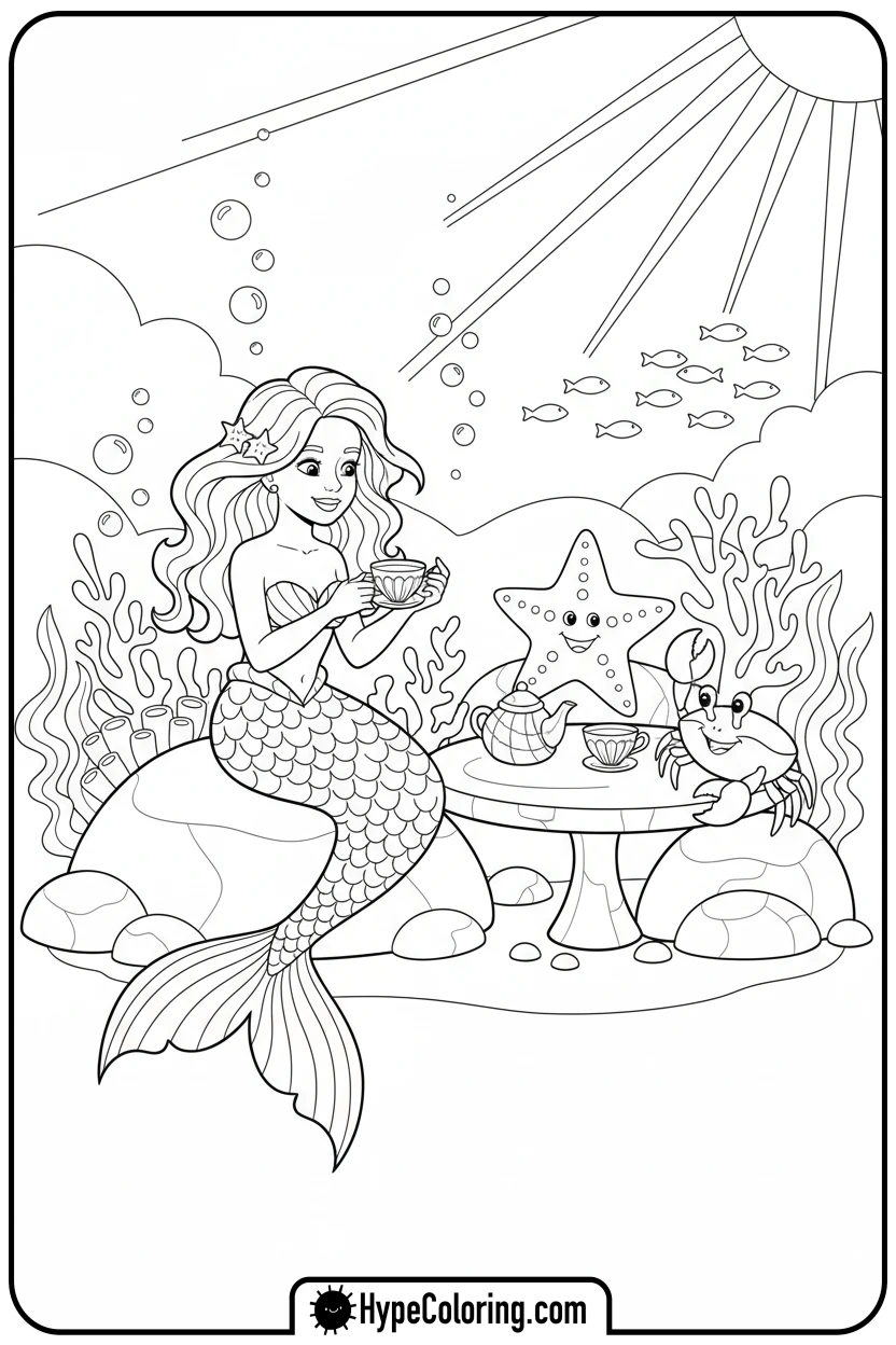 Click to download PDF mermaid-tea-party-with-sea-friends - mermaid coloring pages printable