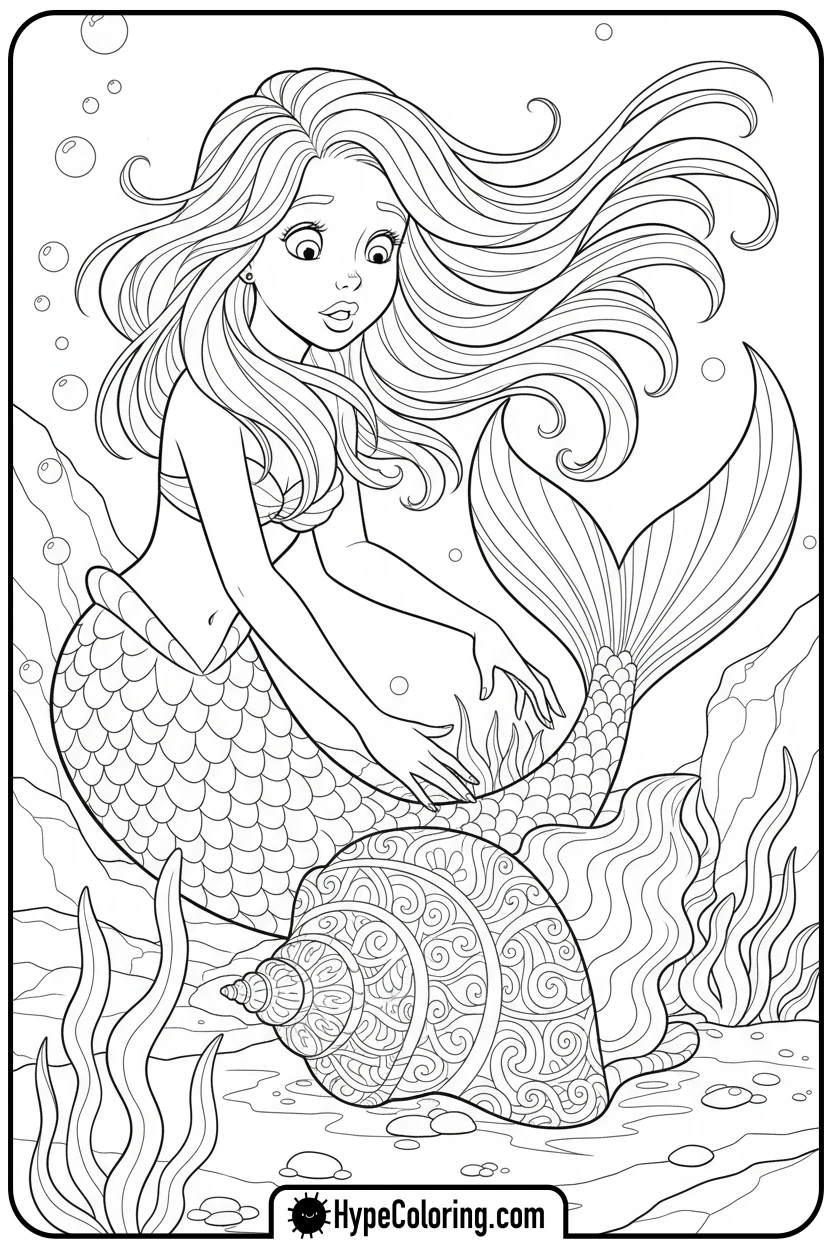 Click to download PDF mermaid-discovering-glowing-seashell - mermaid coloring pages printable