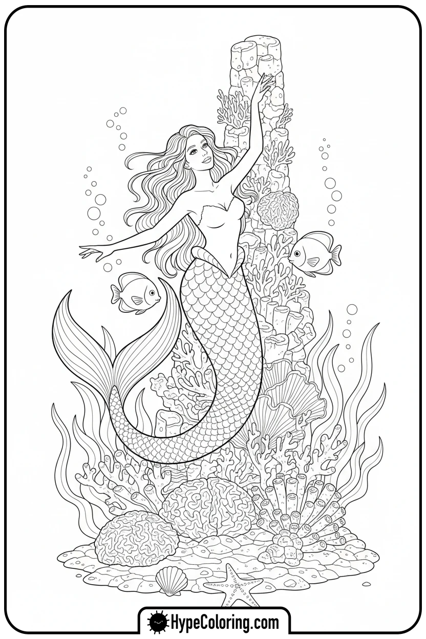 Click to download PDF mermaid-swirling-tail-around-coral - mermaid coloring pages printable