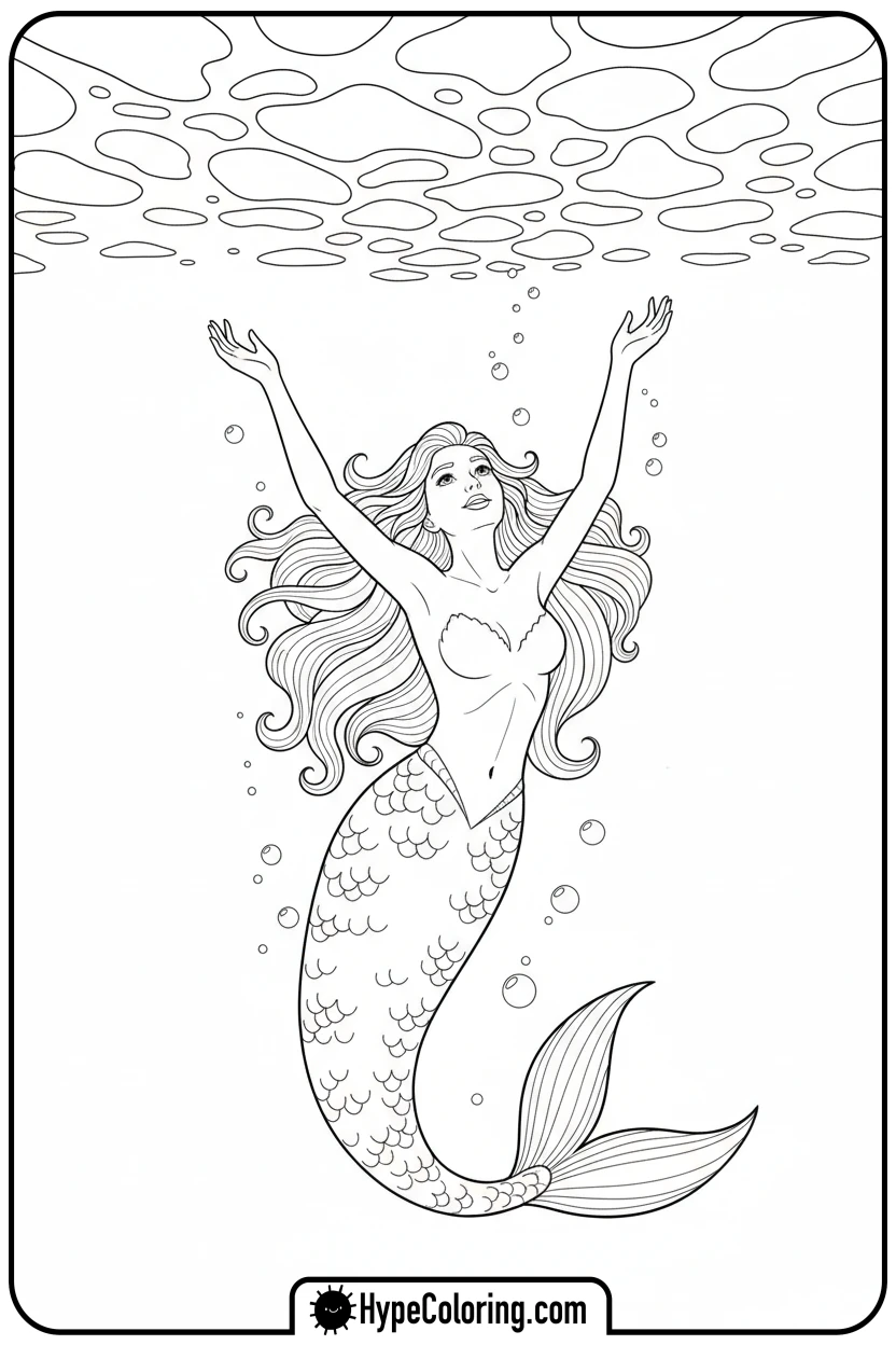 Click to download PDF mermaid-rising-to-ocean-surface - mermaid coloring pages printable