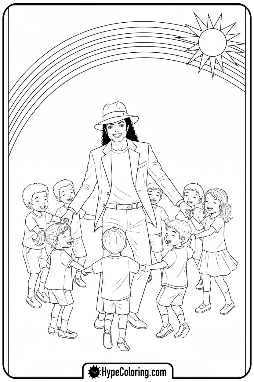 Click to download PDF mj-dancing-with-children-under-rainbow - michael jackson coloring pages