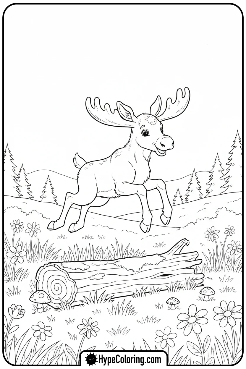 Click to download PDF moose-calf-jumping-log - moose coloring pages