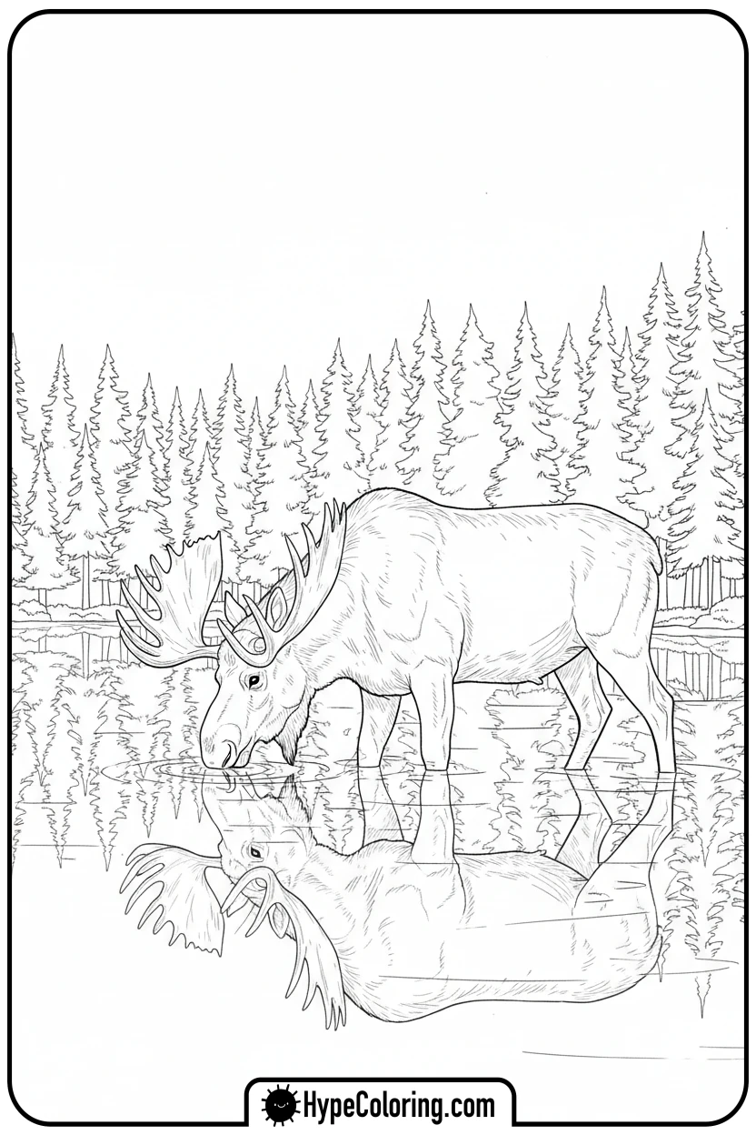 Click to download PDF moose-drinking-from-lake - moose coloring pages