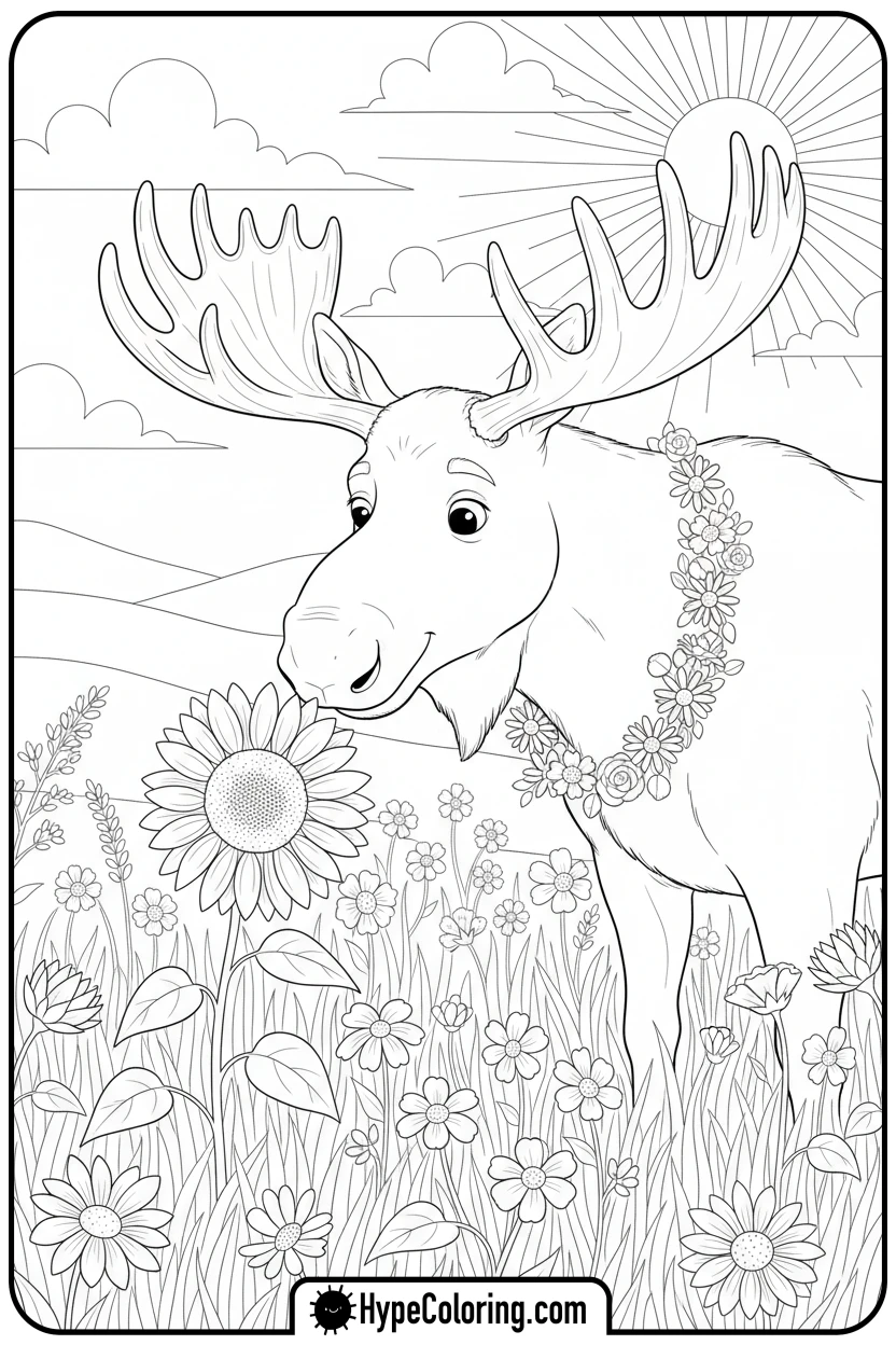 Click to download PDF moose-with-flower-garland - moose coloring pages