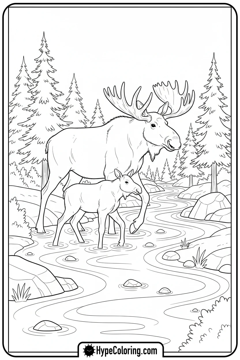 Click to download PDF parent-and-calf-moose-in-stream - moose coloring pages
