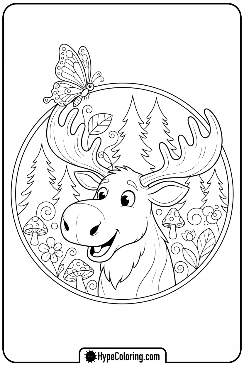 Click to download PDF silly-moose-with-butterfly - moose coloring pages