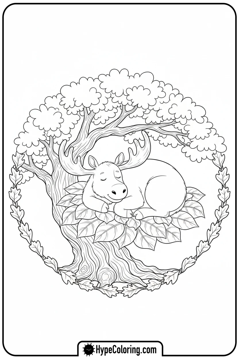 Click to download PDF moose-napping-under-tree - moose coloring pages