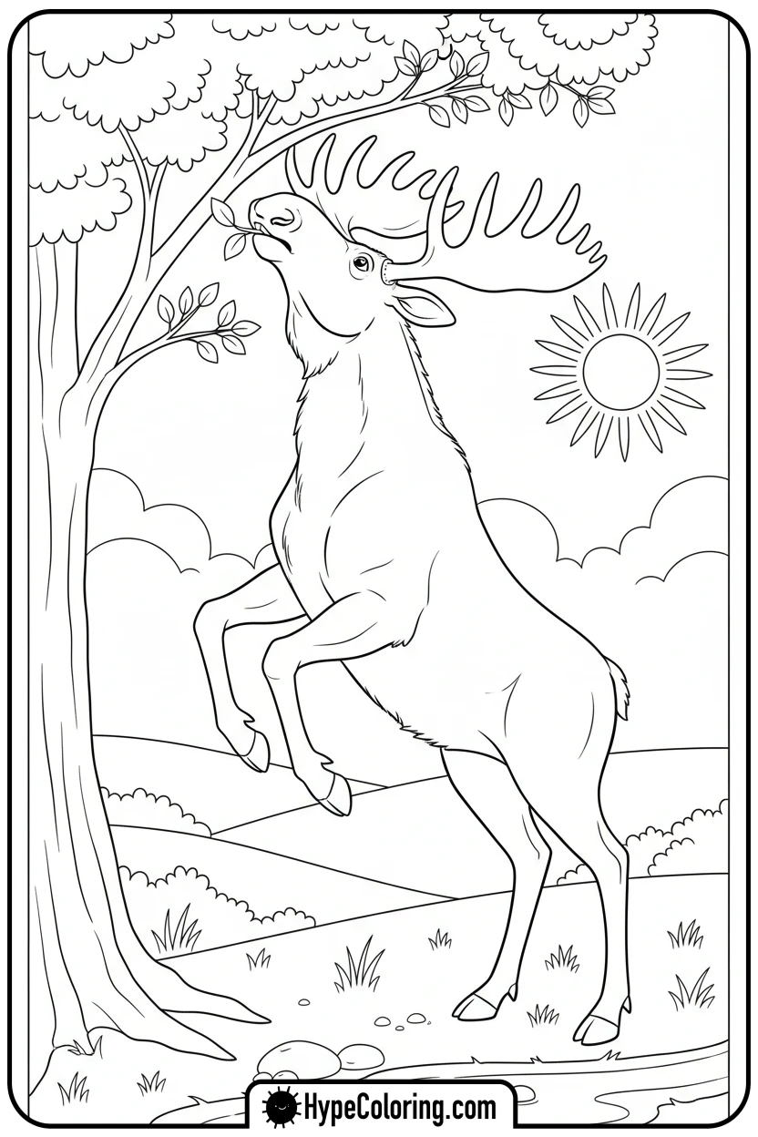 Click to download PDF moose-reaching-for-leaves - moose coloring pages