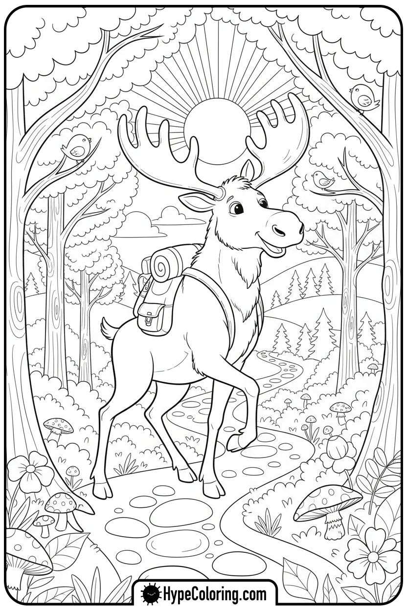 Click to download PDF moose-hiking-with-backpack - moose coloring pages