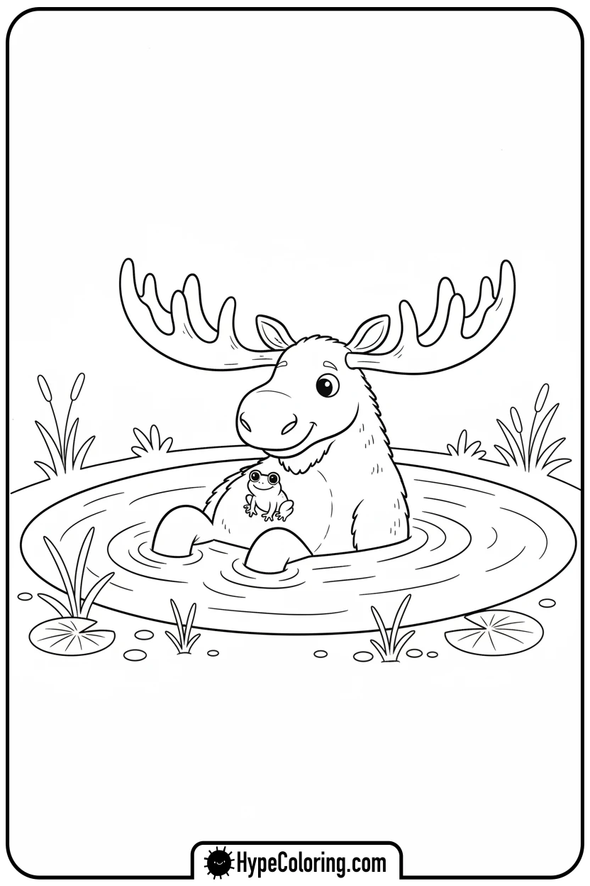 Click to download PDF moose-floating-with-frog - moose coloring pages