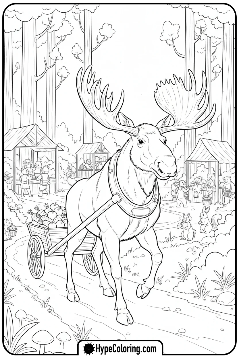 Click to download PDF moose-pulling-apple-cart - moose coloring pages