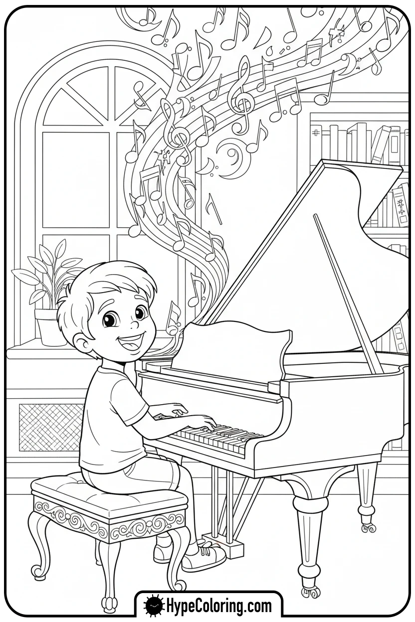 child-playing-grand-piano - music coloring page