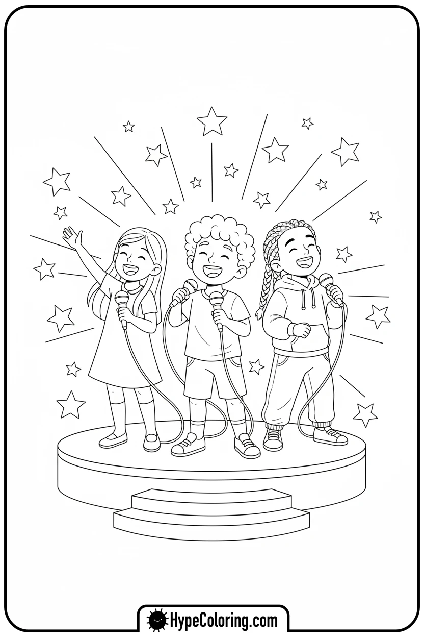 children-singing-on-stage - music coloring page
