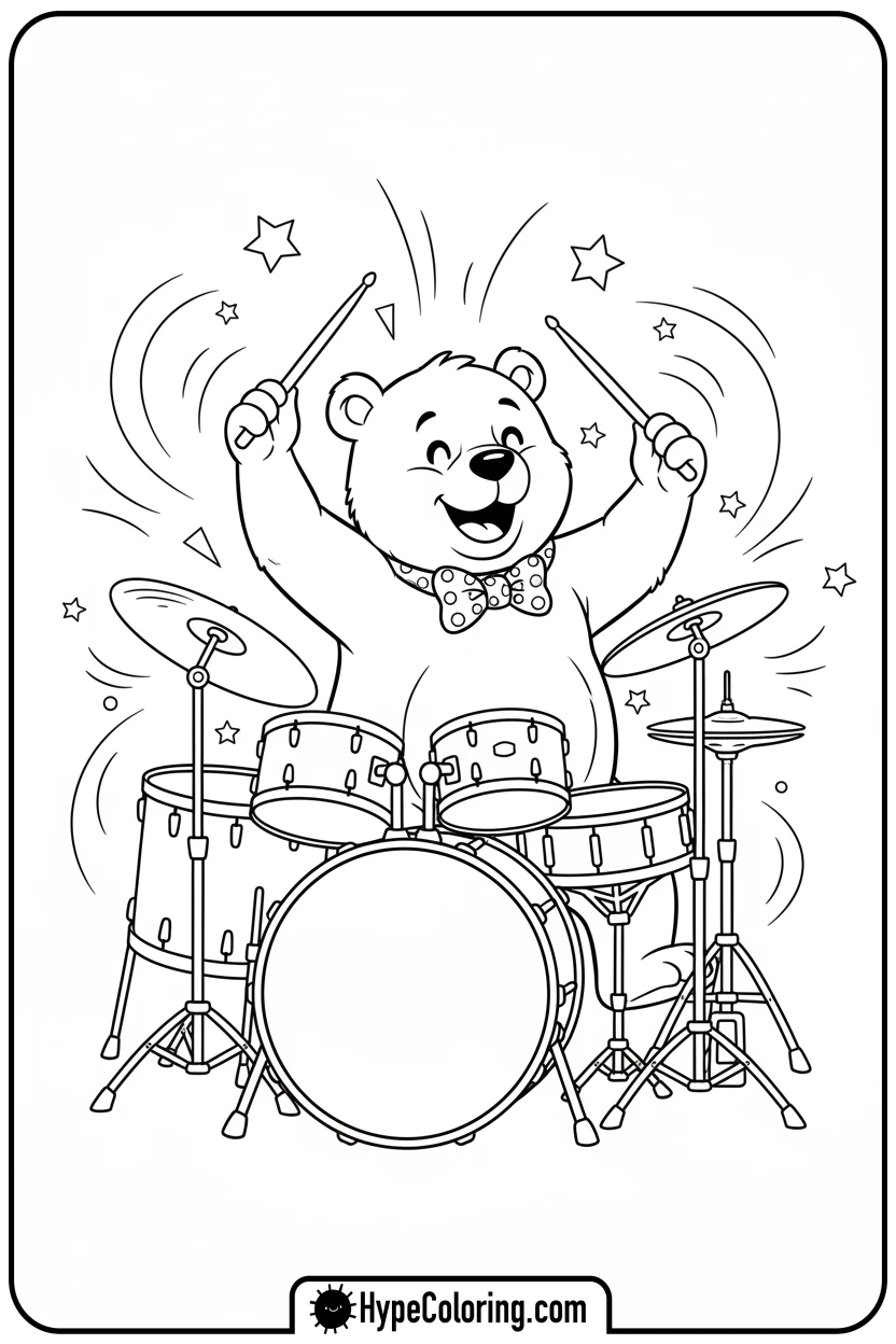 cartoon-bear-playing-drums - music coloring page