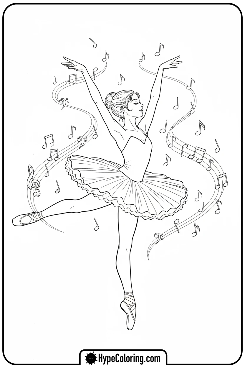 ballerina-dancing-with-music-notes - music coloring page