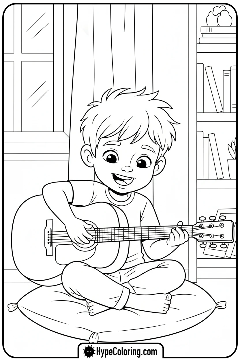 boy-strumming-guitar - music coloring page