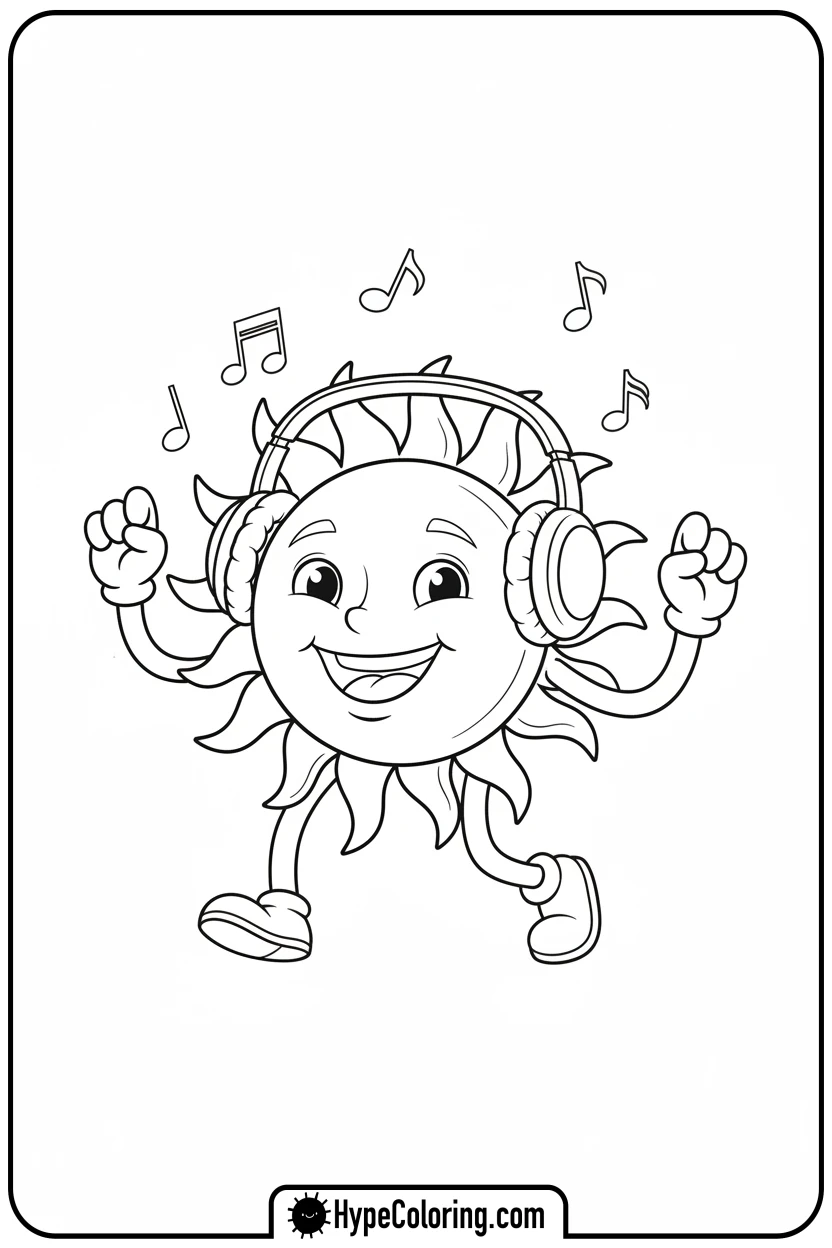 smiling-sun-with-headphones - music coloring page