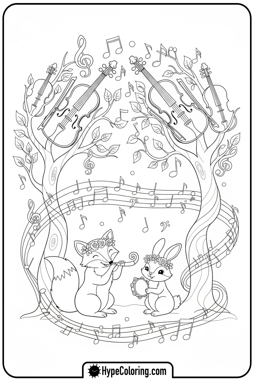 musical-forest-with-animals - music coloring page