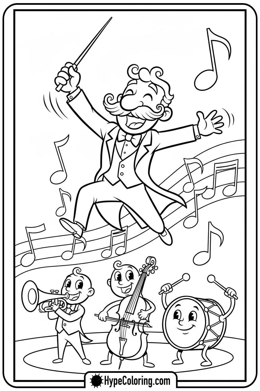 cartoon-conductor-with-instruments - music coloring page