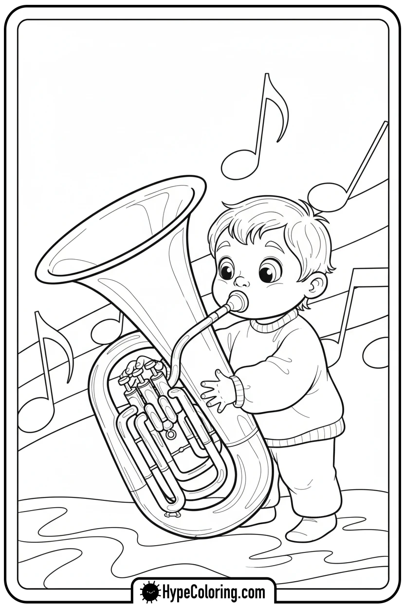 child-trying-tuba - music coloring page