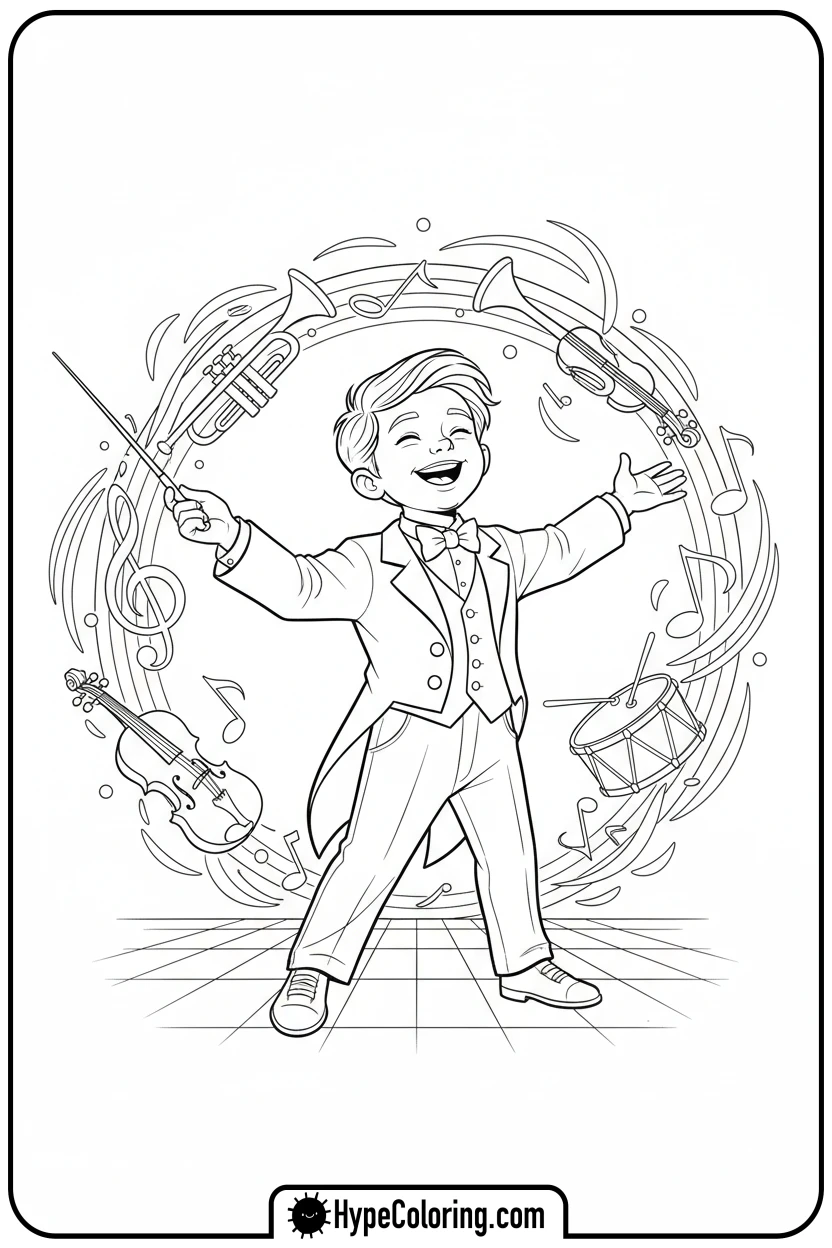 child-conducting-orchestra - music coloring page