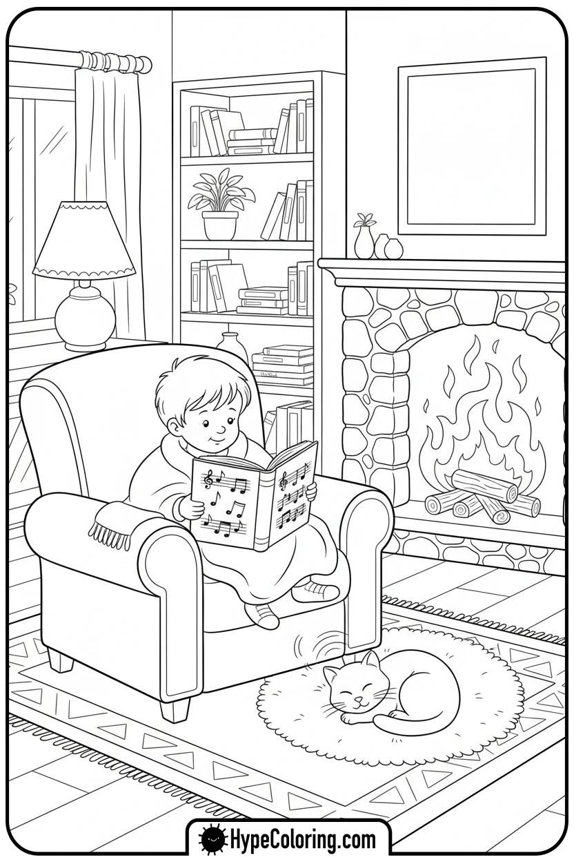 child-reading-music-book - music coloring page
