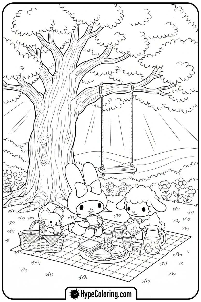 my-melody-picnic-with-friends - my melody color pages