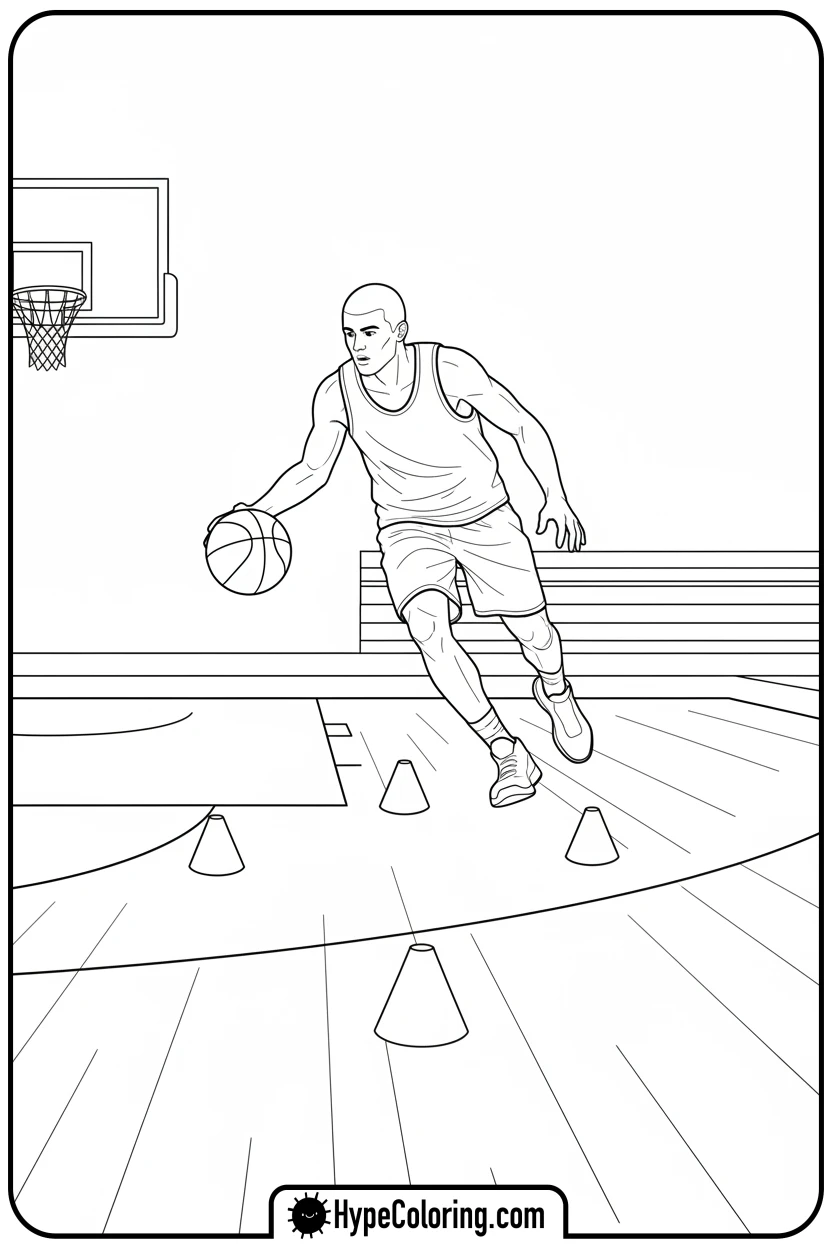 player-dribbling-around-cones - nba basketball coloring pages