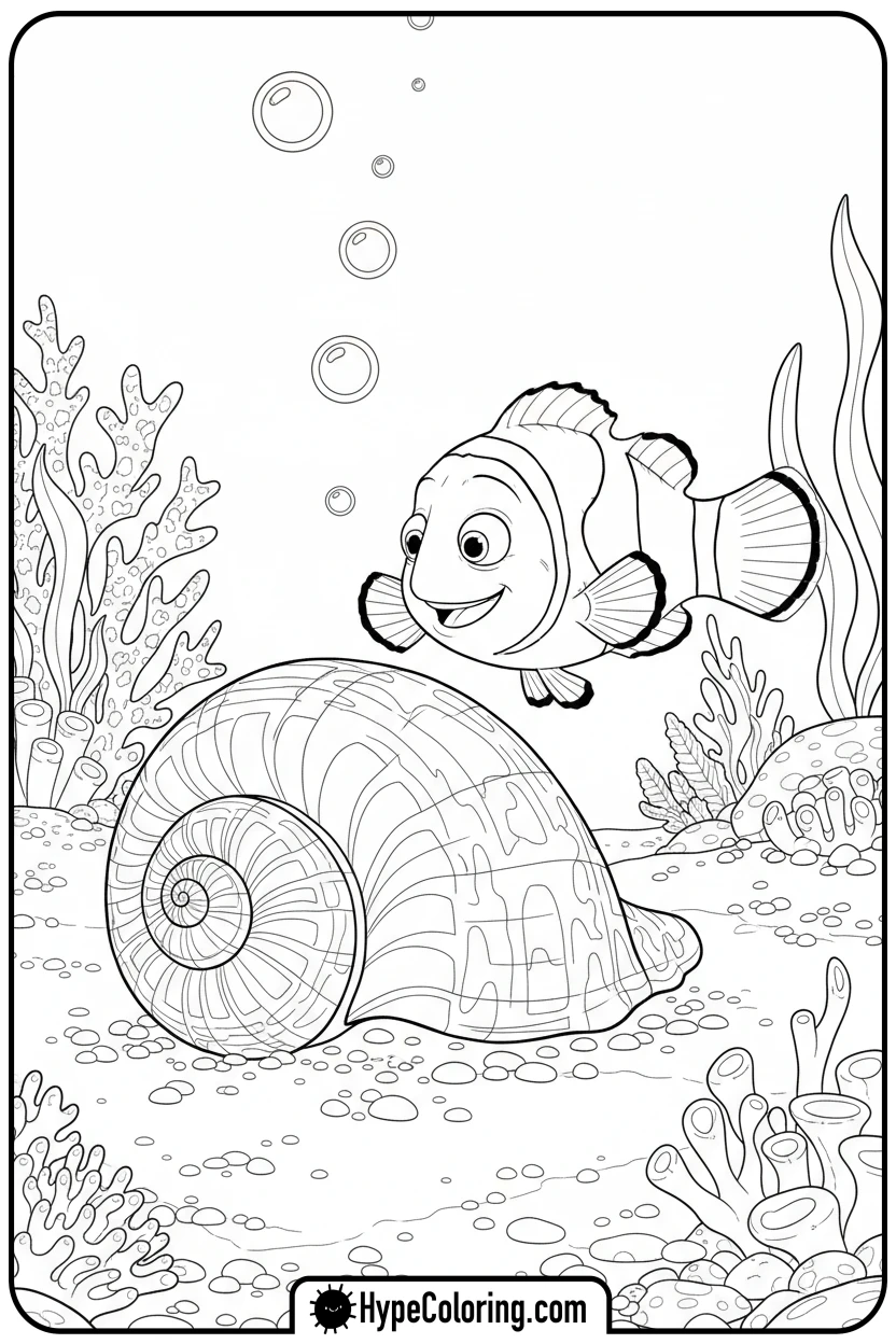 Click to download PDF nemo-admiring-seashell - nemo color page