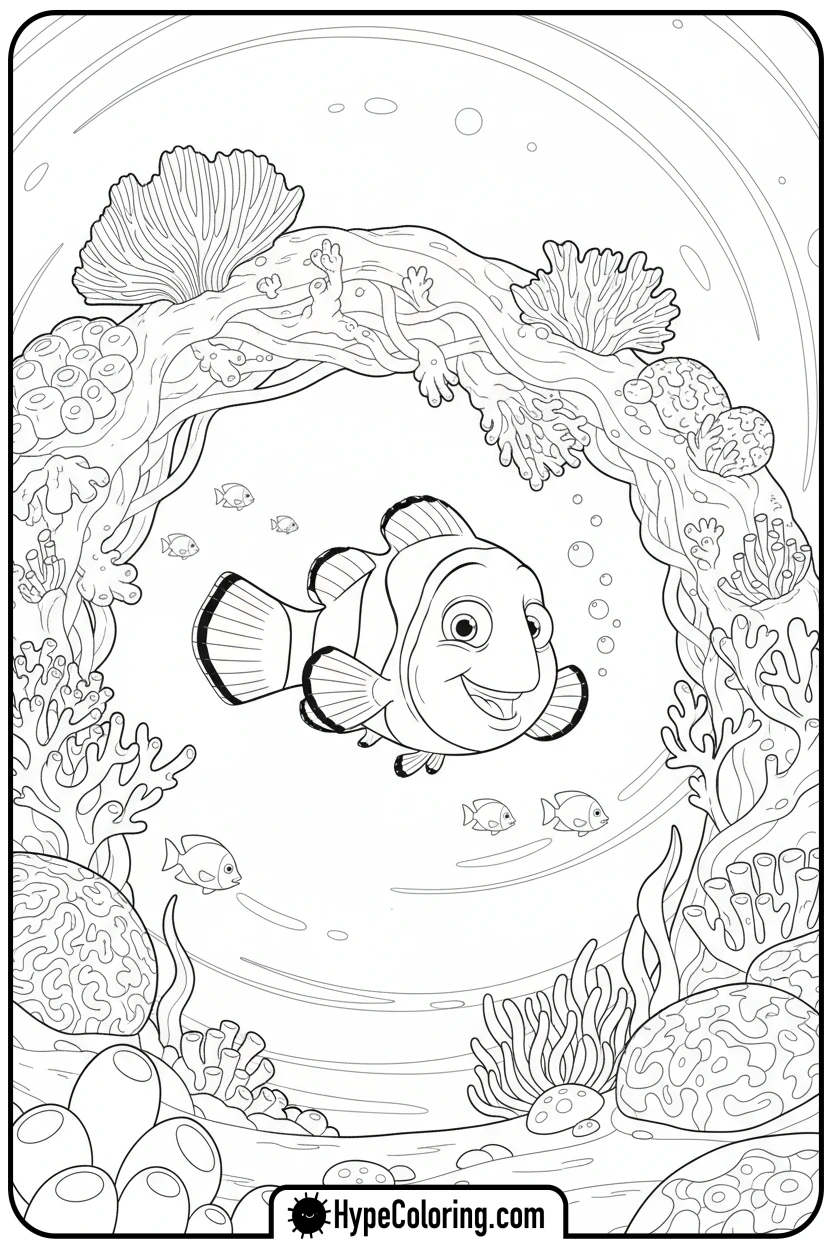 Click to download PDF nemo-swimming-through-coral - nemo color page