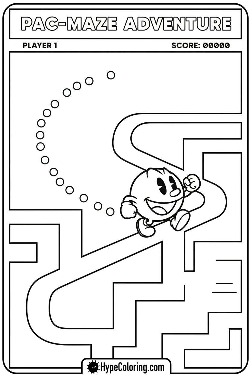 Click to download PDF pac-man-eating-pellets-in-maze - pac man coloring pages