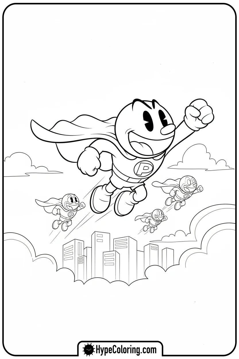 Click to download PDF superhero-pac-man-flying - pac man coloring pages