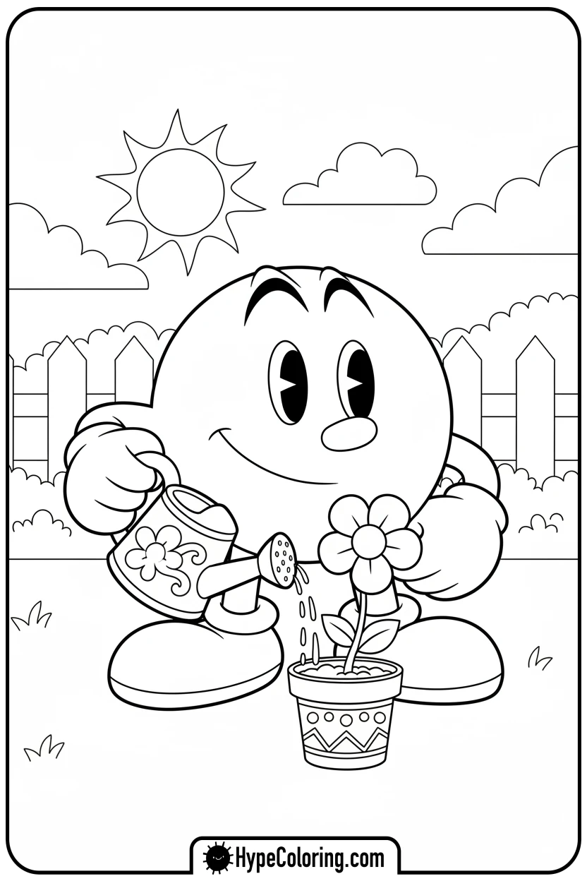 Click to download PDF pac-man-watering-flower - pac man coloring pages