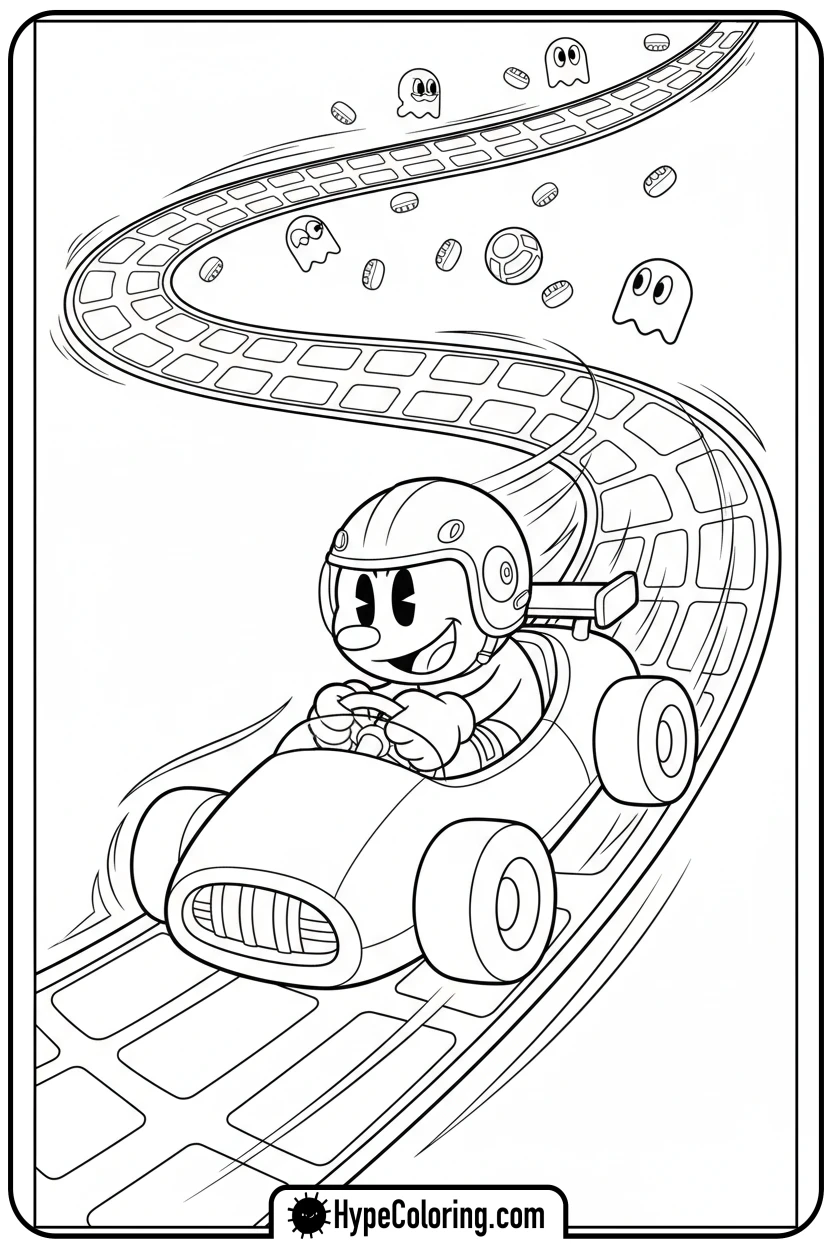 Click to download PDF pac-man-in-race-car - pac man coloring pages