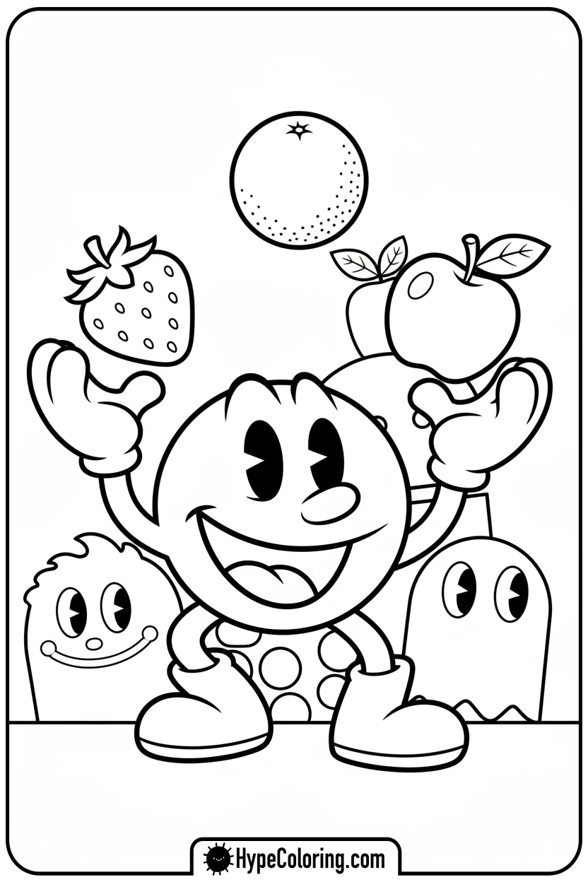 Click to download PDF pac-man-juggling-fruits - pac man coloring pages