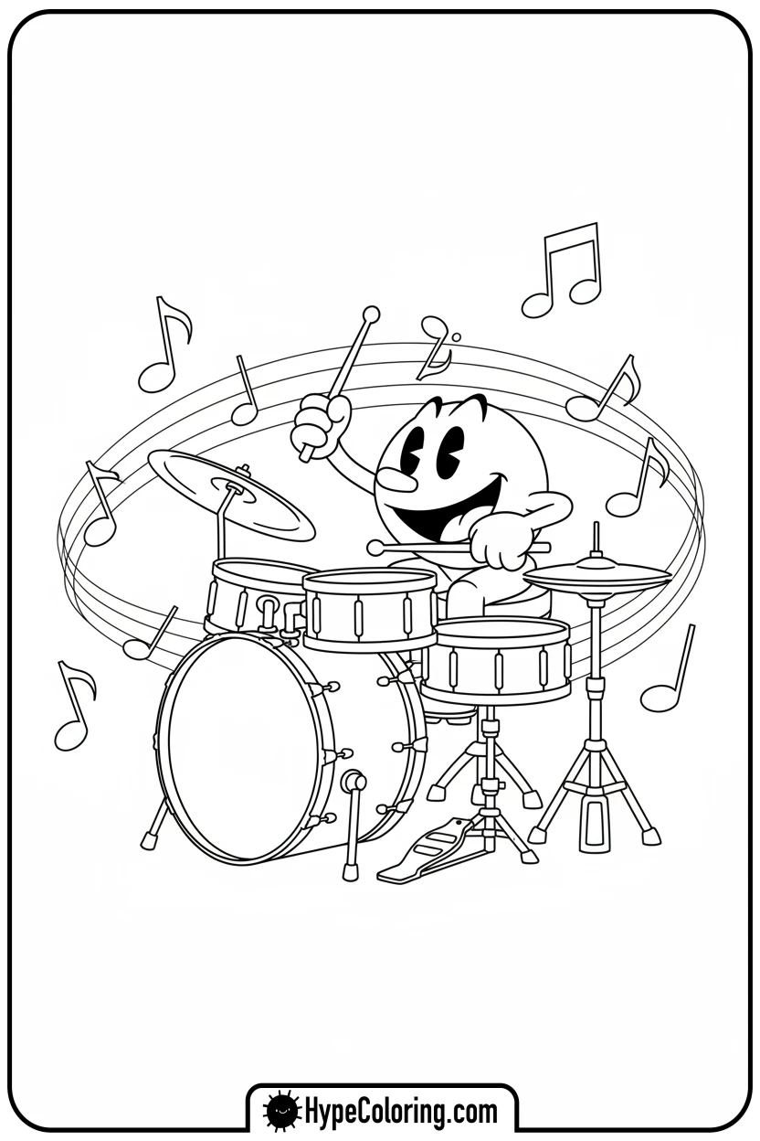 Click to download PDF pac-man-playing-drums - pac man coloring pages
