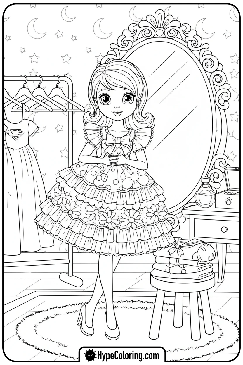 paper-doll-trying-on-dress - paper doll coloring pages