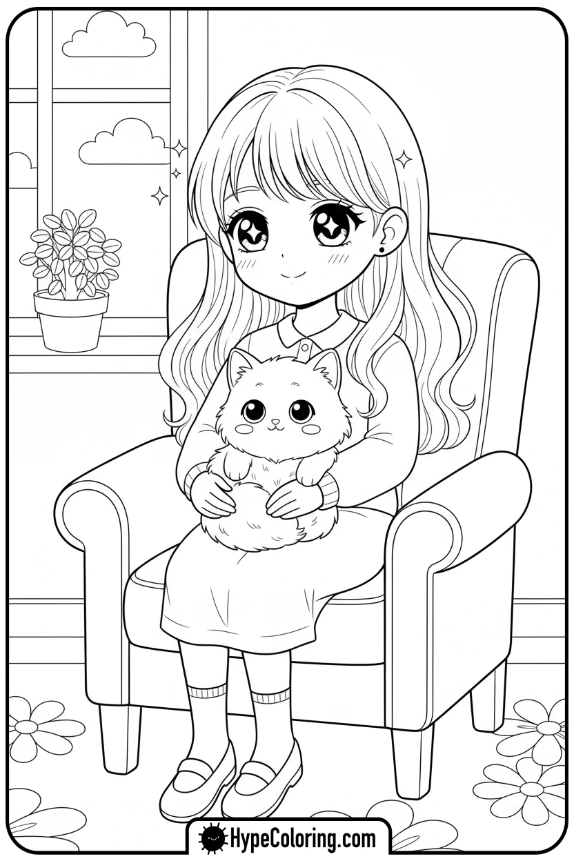 Click to download PDF anime-girl-petting-kitten - cute anime coloring pages