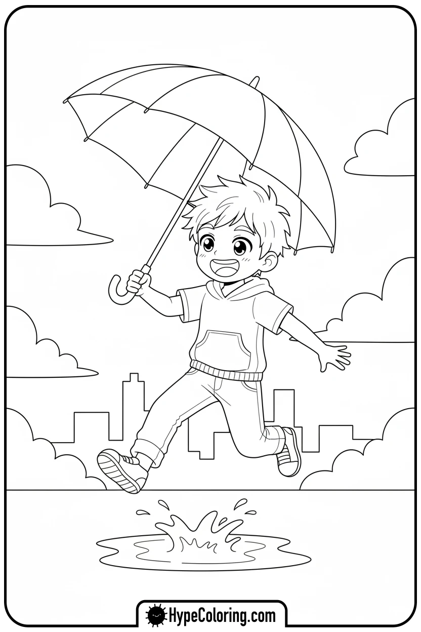 Click to download PDF anime-boy-jumping-puddle - cute anime coloring pages