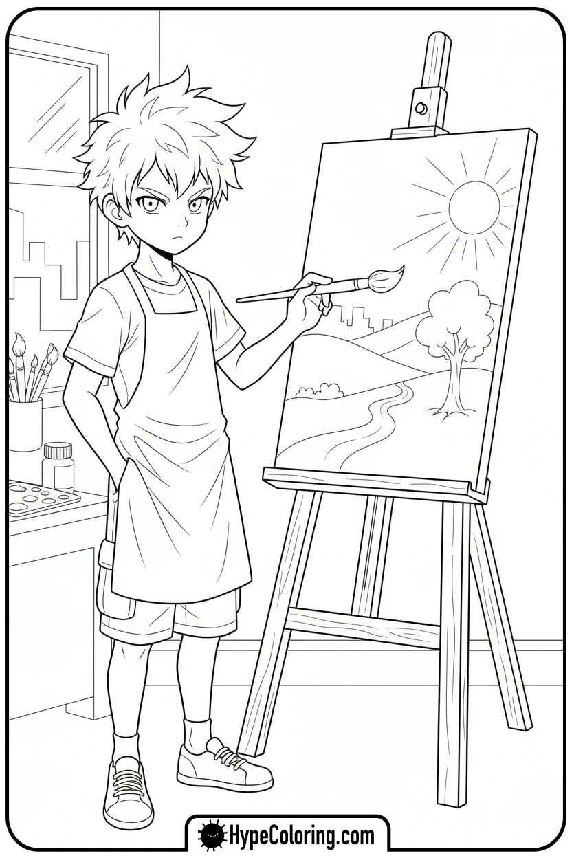 Click to download PDF anime-boy-painting-on-easel - cute anime coloring pages